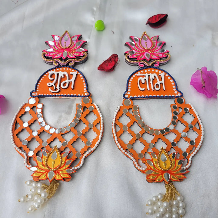 Hand-Painted Mirror Work Orange & Pink Lotus MDF Wood Shubh Labh Hangings | Set Of 2