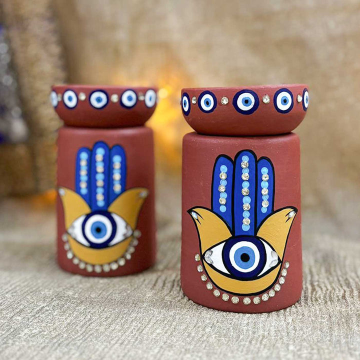 Hand-Painted Evil Eye Hamsa Hand Design Terracotta Tealight Holder | Set Of 2