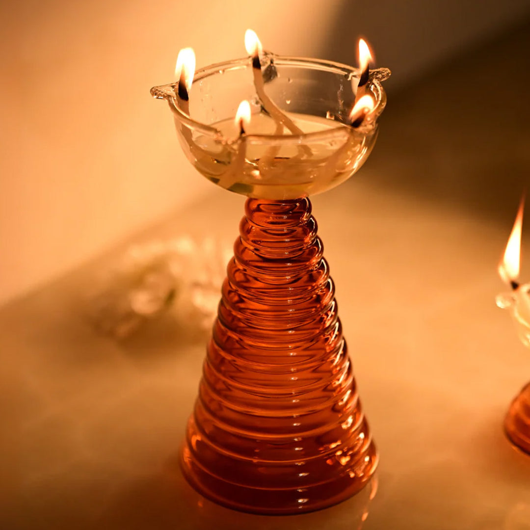 Handmade Amber Tall Borosil Glass Oil Lamp / Diya | 5.9 inch