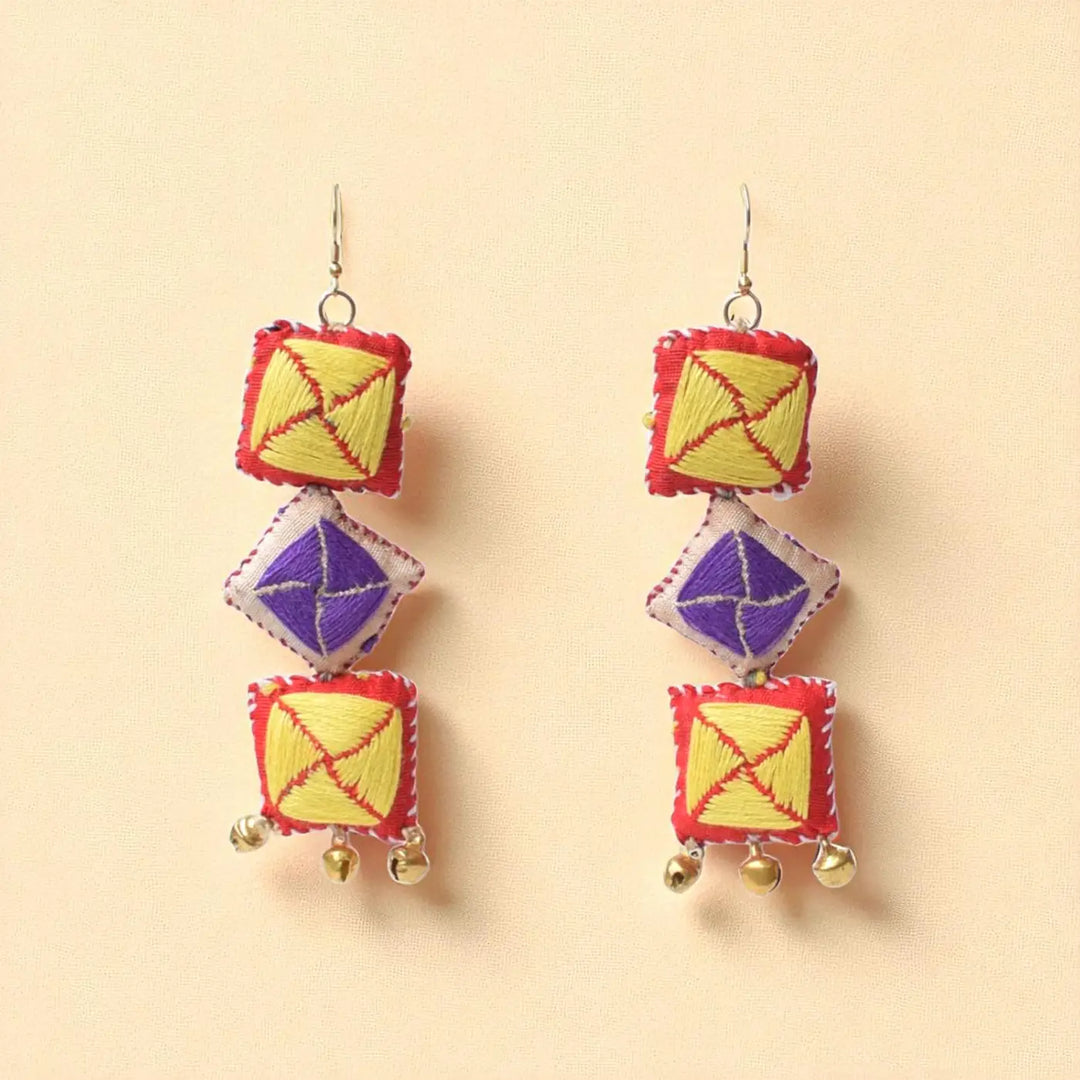 Handmade Textile Art Square & Diamond Ghungroo Dupion Silk Fabric Earrings