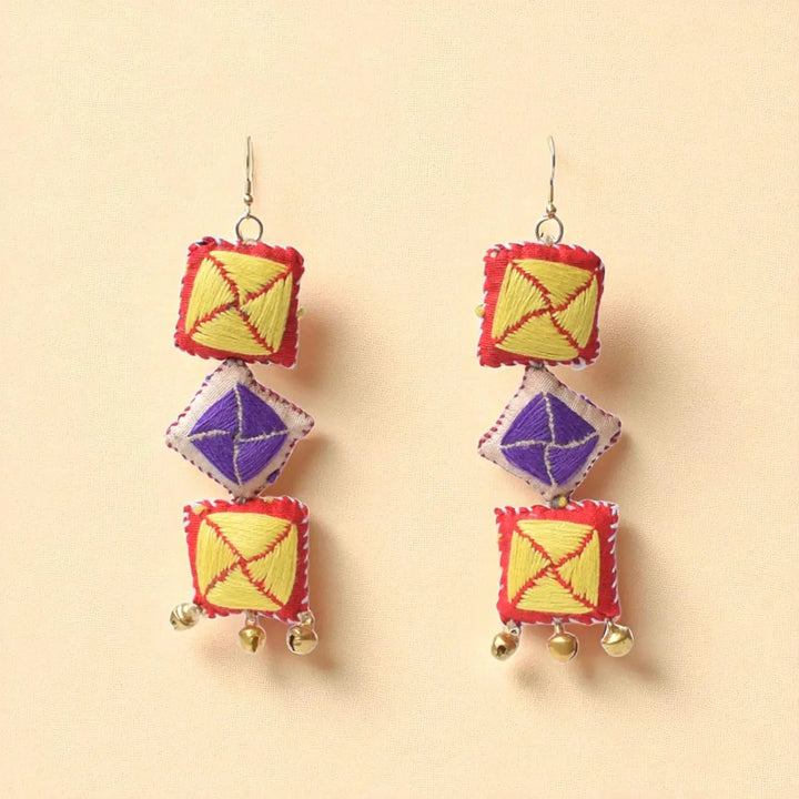 Handmade Textile Art Square & Diamond Ghungroo Dupion Silk Fabric Earrings