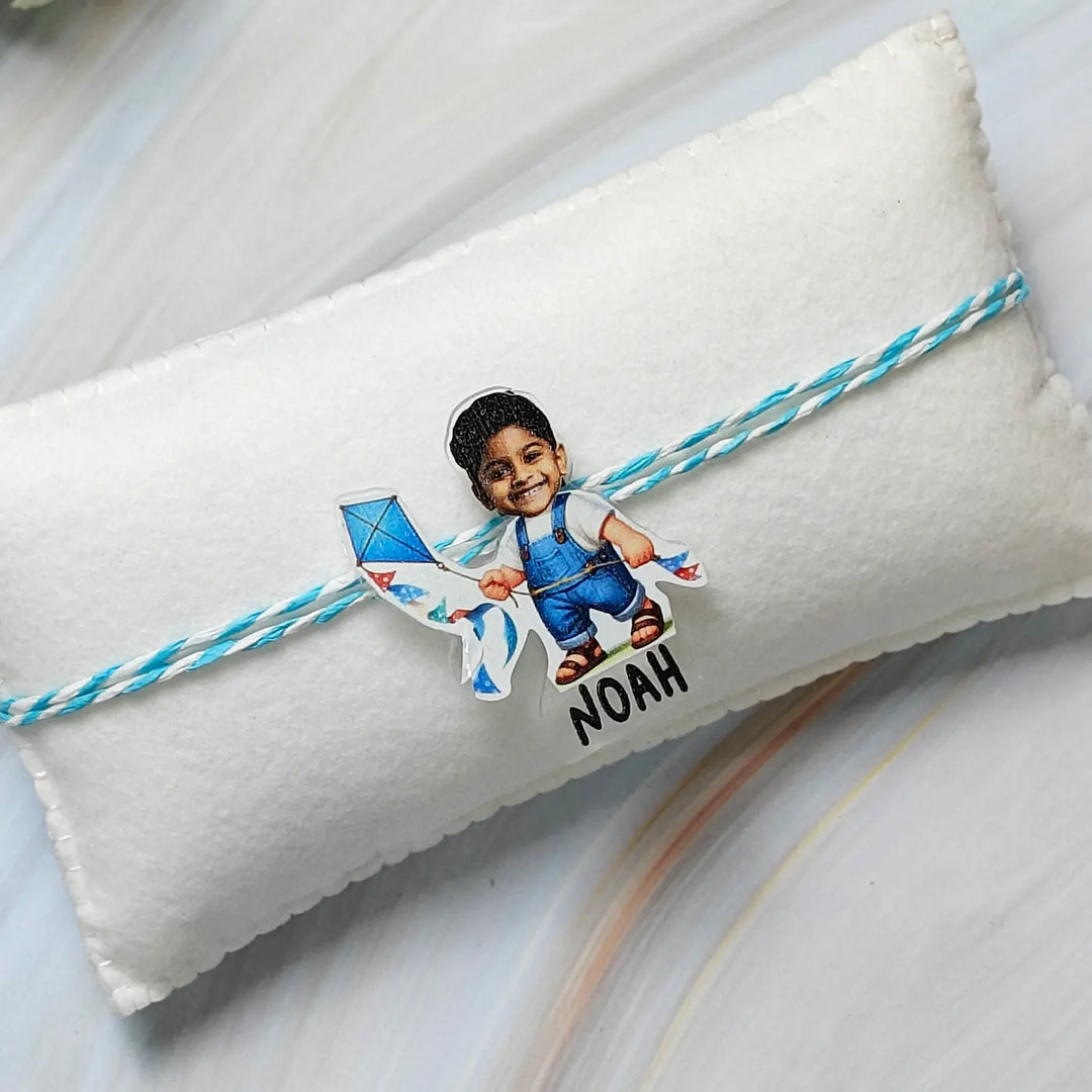 Photo Personalized Reusable Caricature Boy With Kite Theme Acrylic Kids Rakhi