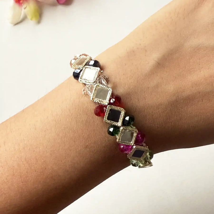Handmade Mirror Work Lumba Bracelet Rakhi For Bhabhi With Roli Chawal - On Wrist Front View