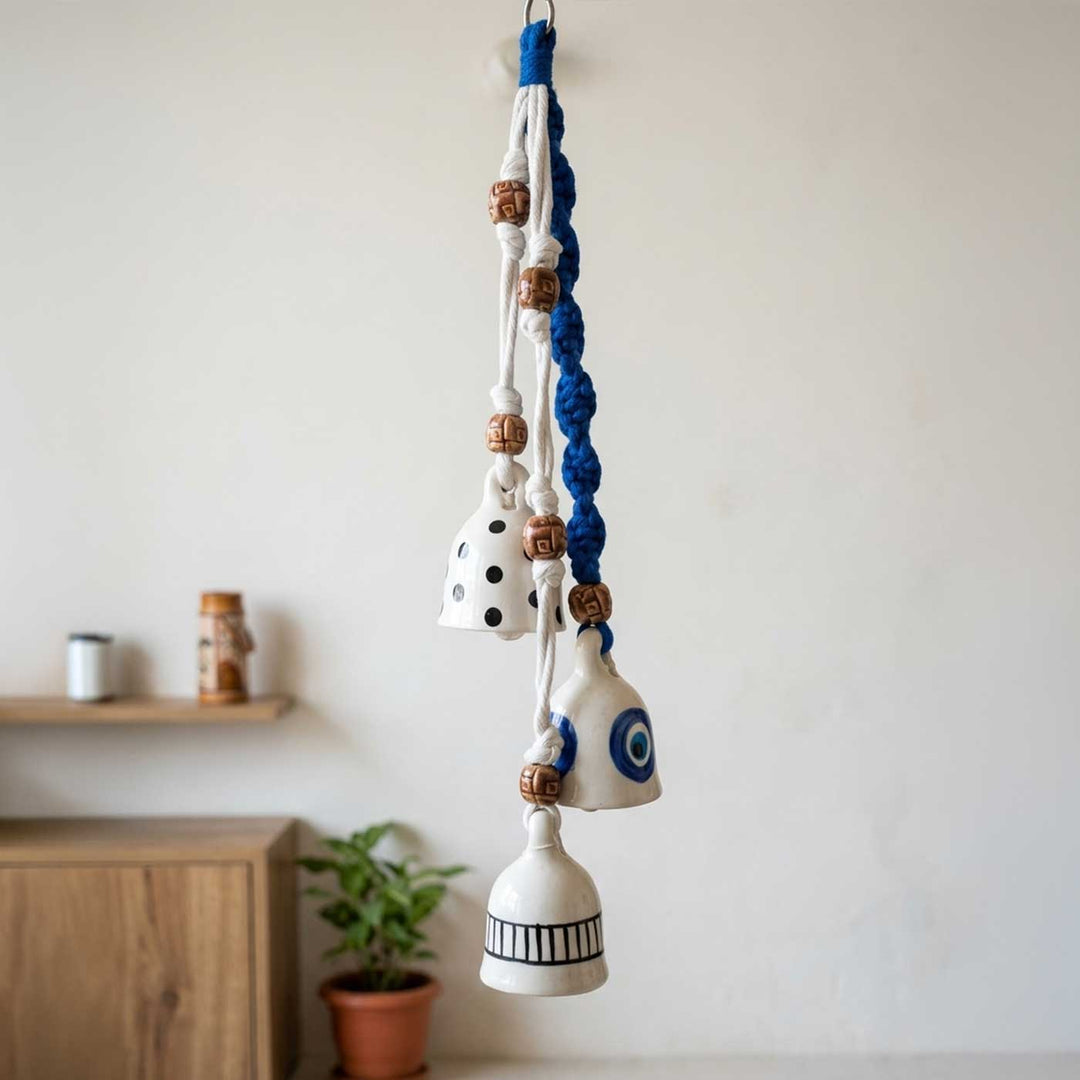 Macrame Handpainted Ceramic Bells Polka Chime Trio Hanging With Wooden Beads With Assorted Ceramic Hooks
