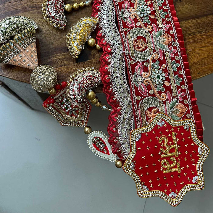 Handmade Embroidered Red Gamphi Jute Toran
