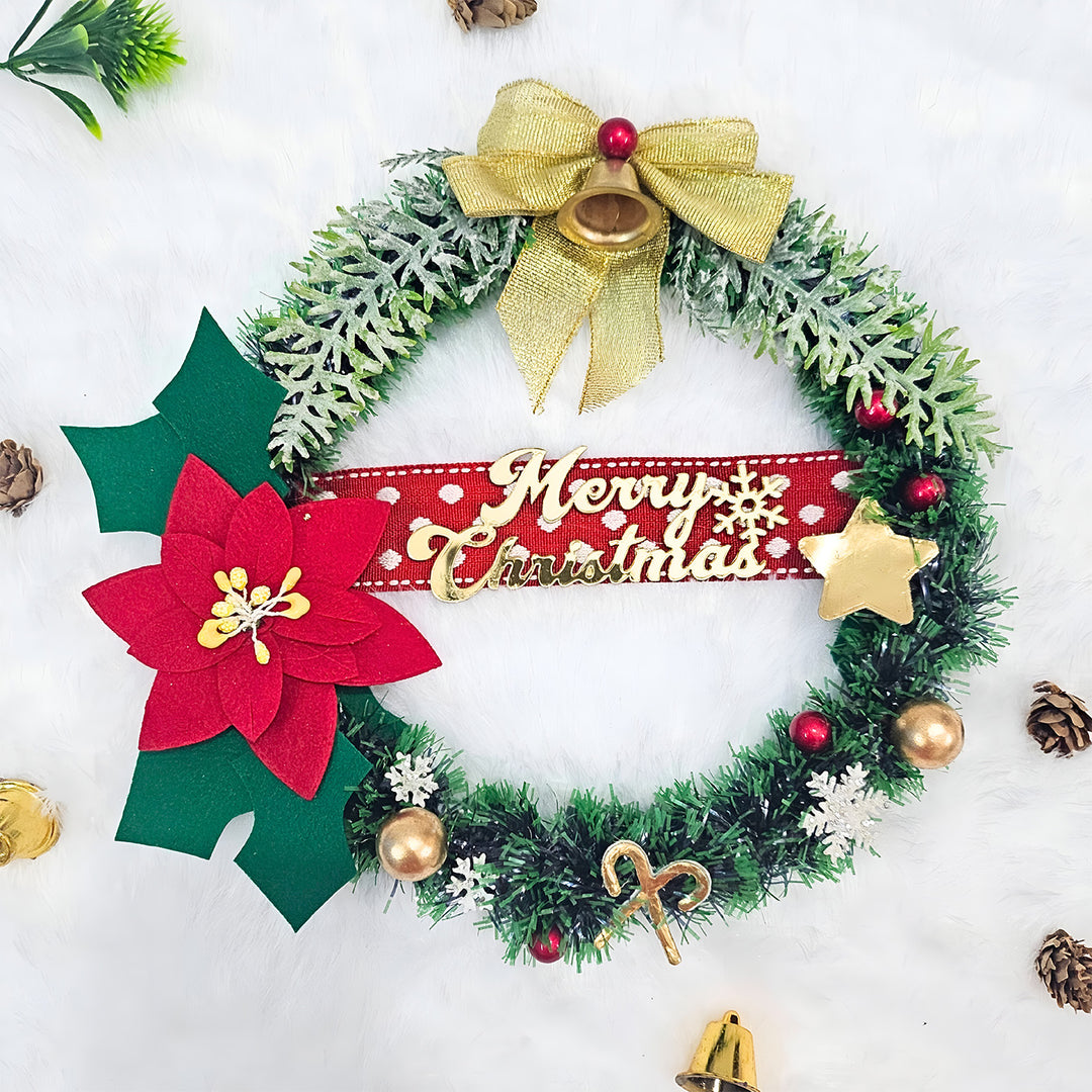 10 Inch | Green Floral Felt Wreath For Christmas Decoration