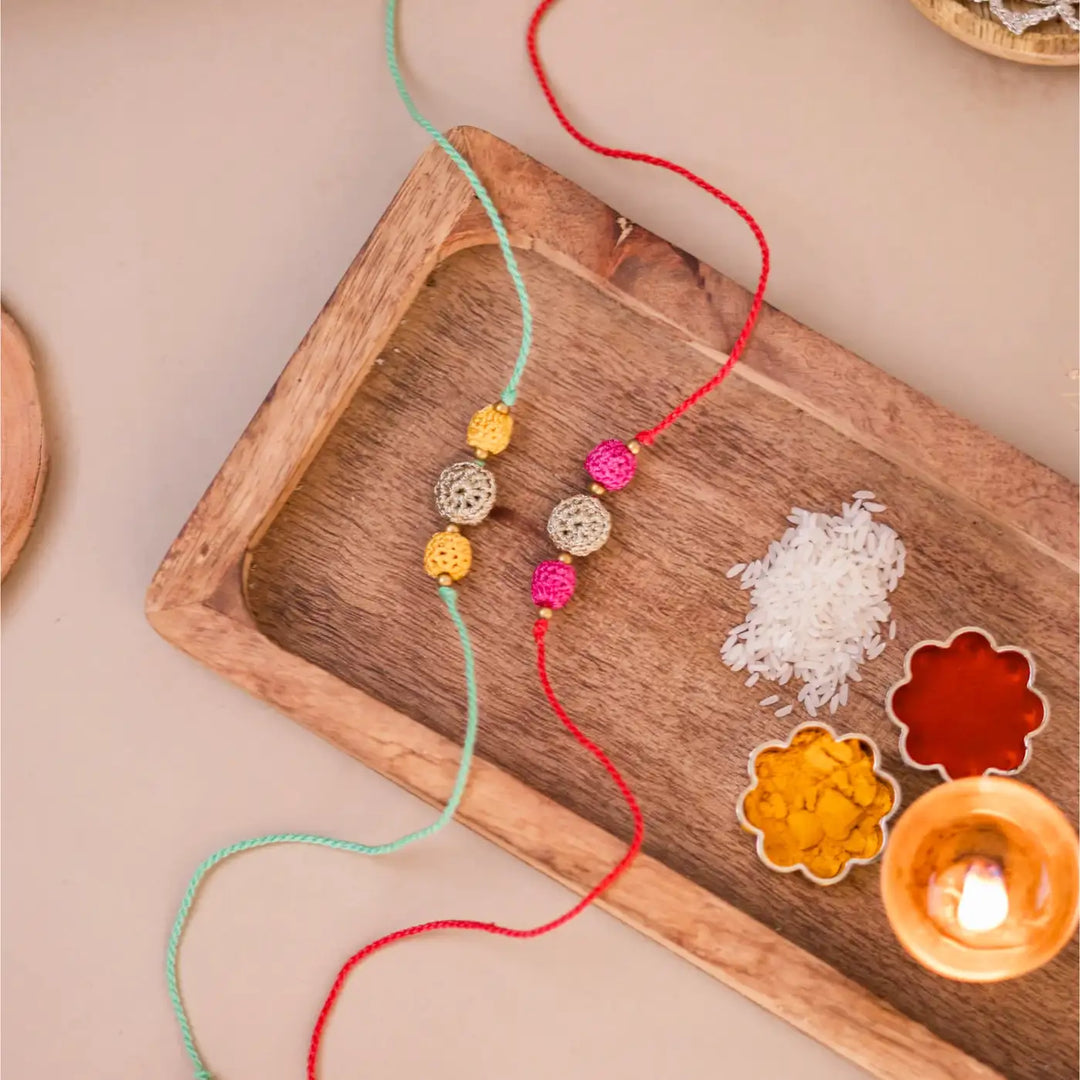 Handmade Crochet Teen Sitara Rakhi With Roli Chawal | Set Of 2