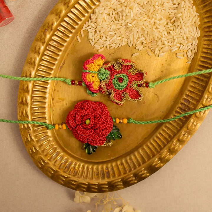 Handmade Crochet Pankhuri Rakhi With Roli Chawal Set Of 2 - Close-up of Crochet Flower Bands