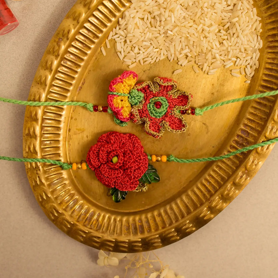 Handmade Crochet Pankhuri Rakhi With Roli Chawal Set Of 2 - Close-up of Crochet Flower Bands