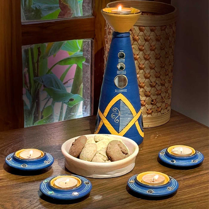 Set of 5 | "Blue Bloom" Hand-Painted Terracotta Disc & Long Diya Tealight Holders For Festive Decor