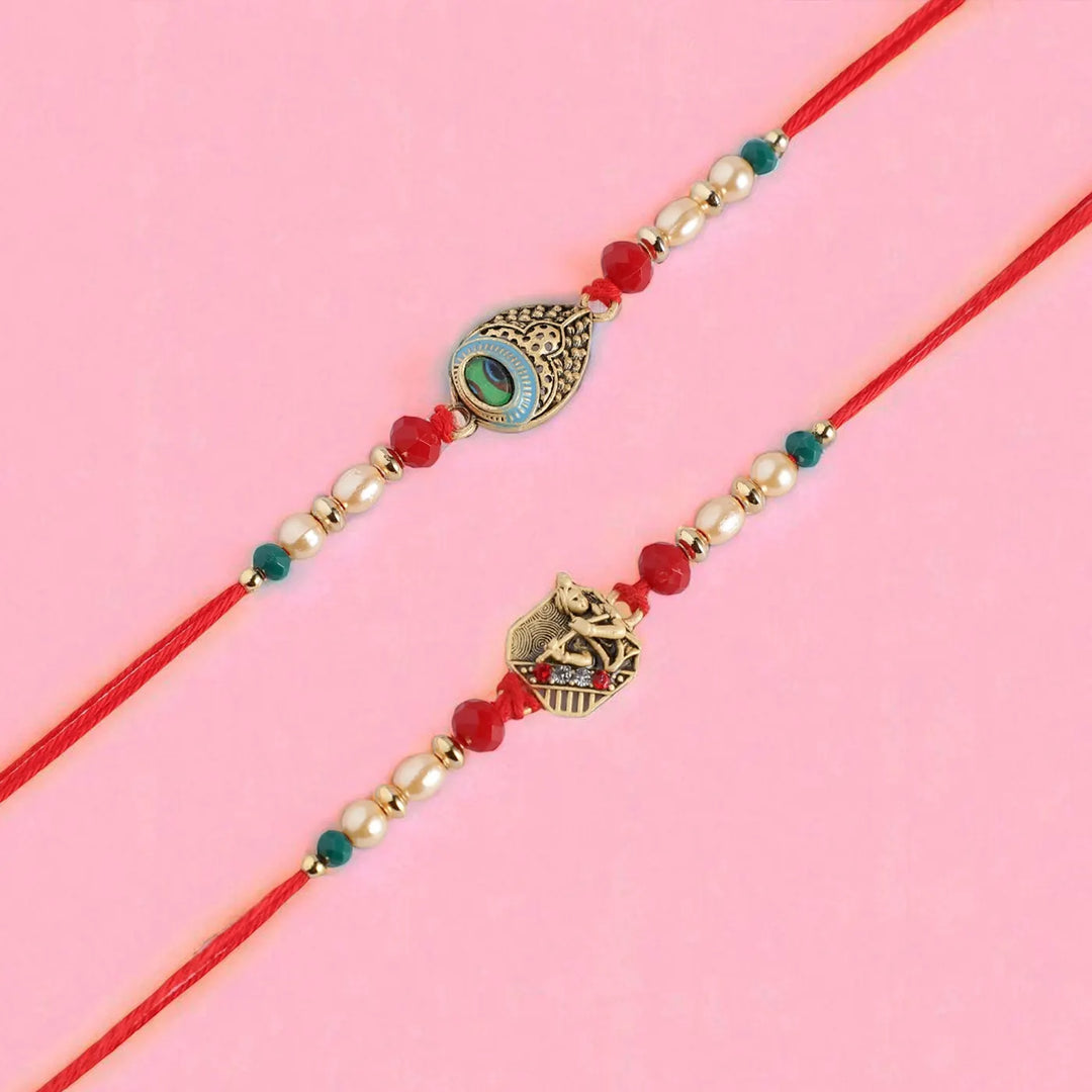 Handmade Krishna & Feather Rakhi With Roli Chawal | Set Of 2