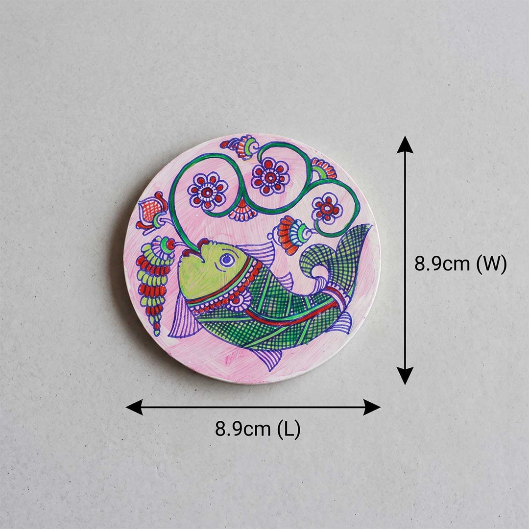 Set Of 5 | Madhubani Inspired Hand-Painted MDF Wood Round Coasters For Coffee Table & Home Hosting
