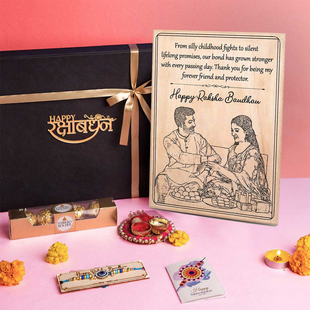 Photo Personalized Engraved Raksha Bandhan Theme Square Wooden Decorative Plaque Rakhi Hamper Includes 1 Rakhi 1 Plaque 1 Chocolate 1 Card And 1 Rakhi Plate - Gift Box and Plaque Set