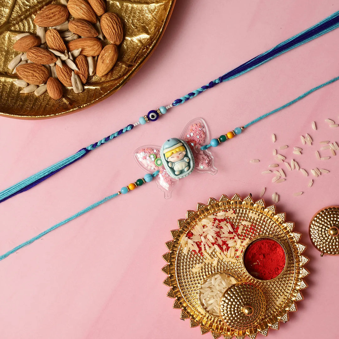 Handmade Butterfly & Evil Eye Kids Rakhi With Roli Chawal | Set Of 2
