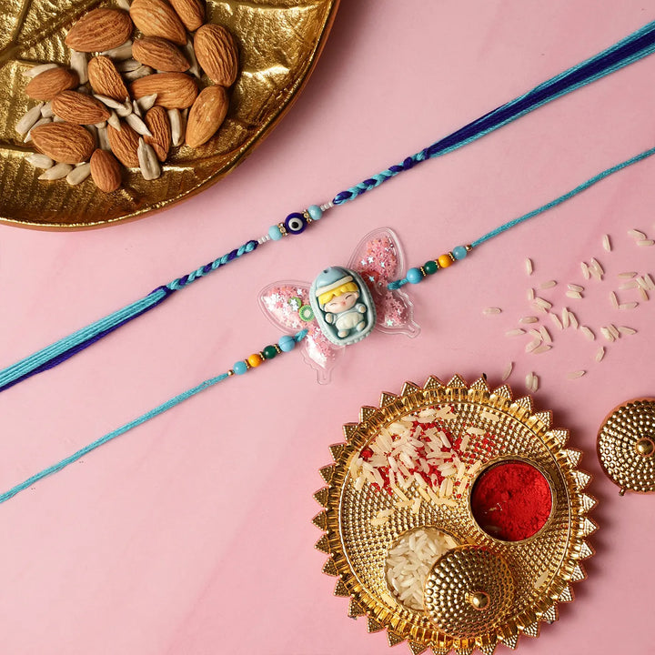 Handmade Butterfly & Evil Eye Kids Rakhi With Roli Chawal | Set Of 2
