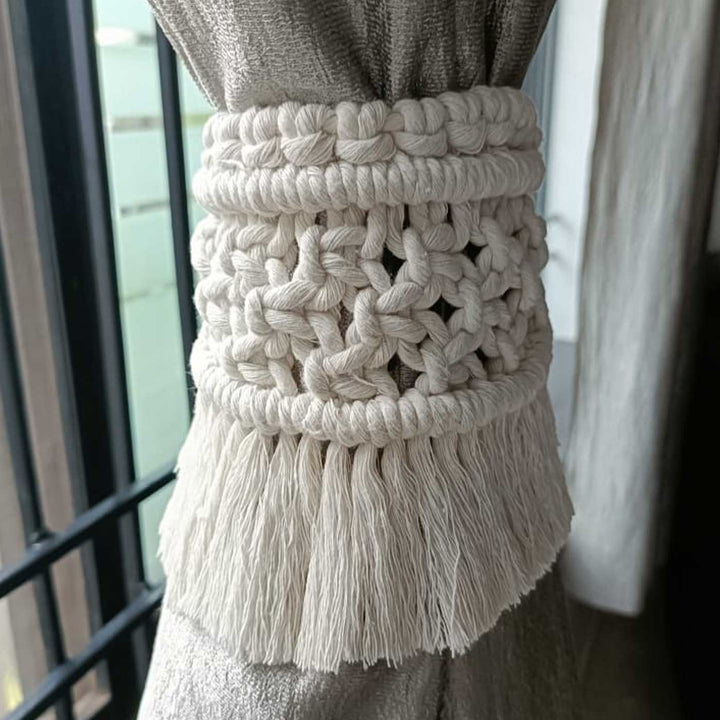 Set Of 2 | Handmade Macrame Knots And Fringes Design Cotton Curtain Tie-Back