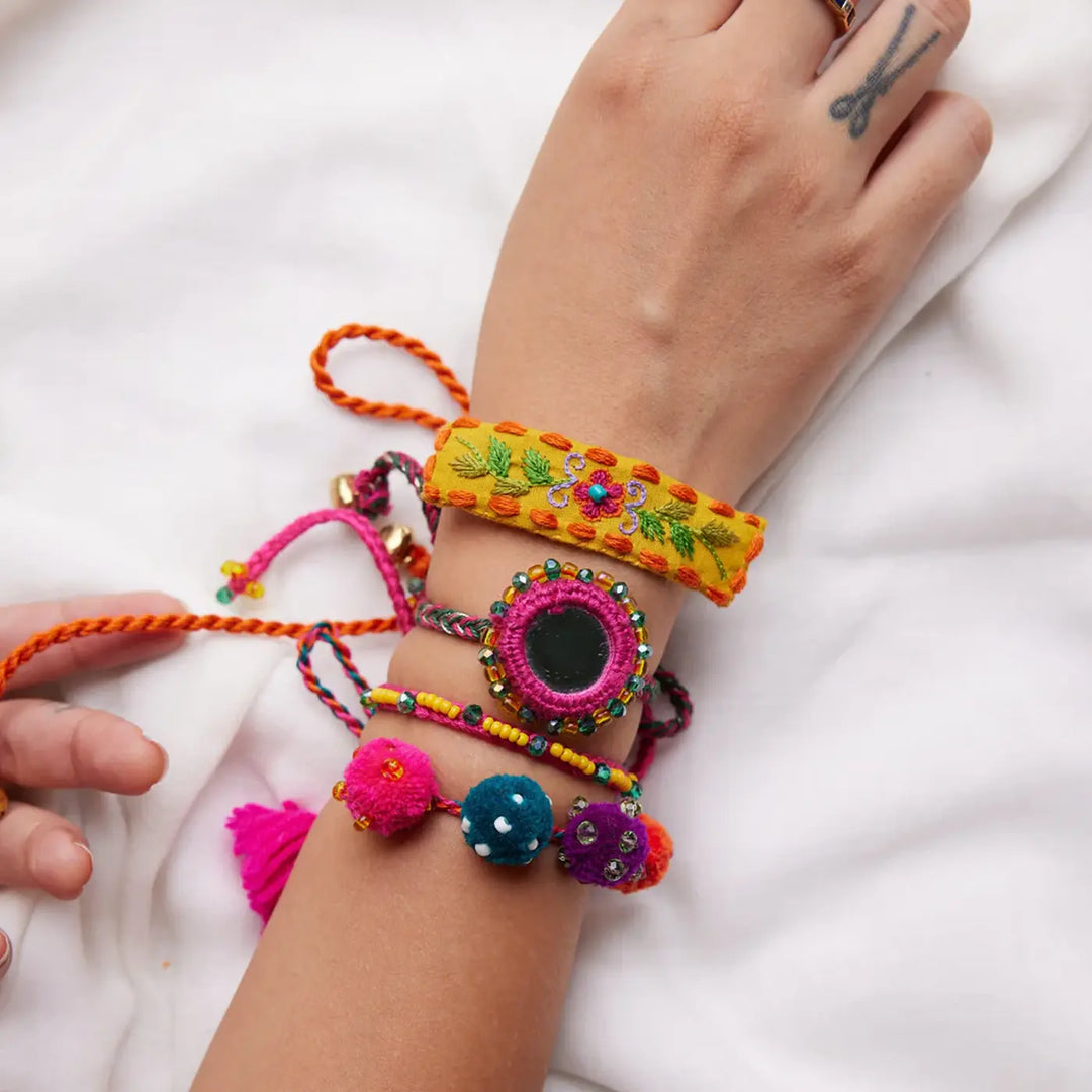 4 pc Rakhi + Brass Thali Set | Premium Nikki Chinki Embroidered Rakhi Set with Roli Chawal