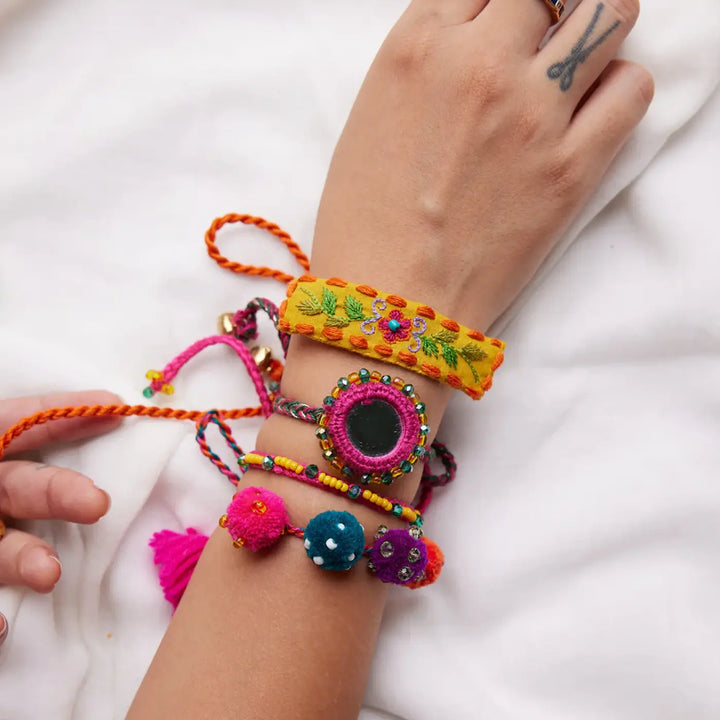 4 pc Rakhi + Brass Thali Set | Premium Nikki Chinki Embroidered Rakhi Set with Roli Chawal