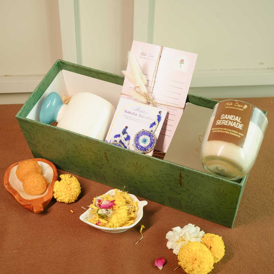 Personalized Handmade Chai Lover Theme Rakhi Hamper Includes 1 Gift Box 1 Mug 2 Rakhis 1 Roli Chawal 1 Candle And 1 Message Card - Gift Set Display