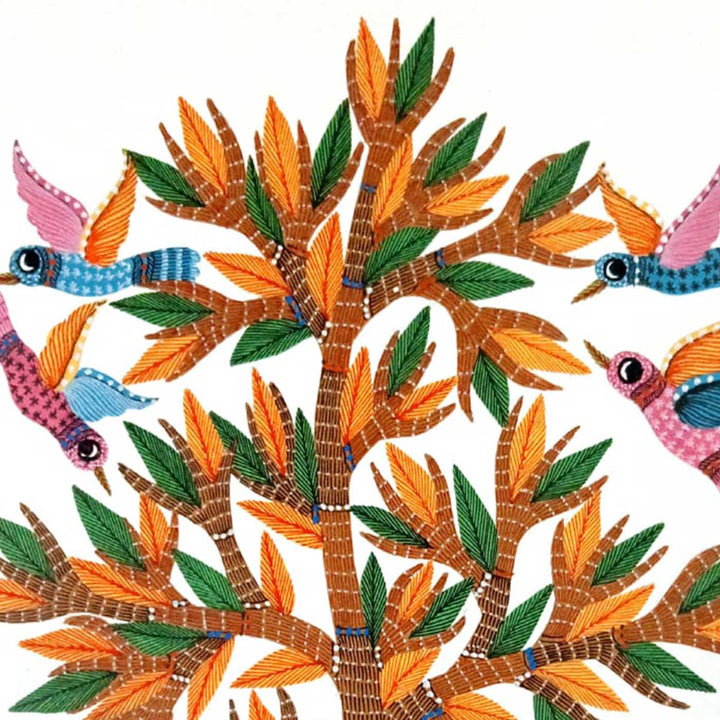11 x 15 Inch | Birds Around Tree | Original Hand painted Tribal Gond Art Painting | Acrylic Paints On Paper