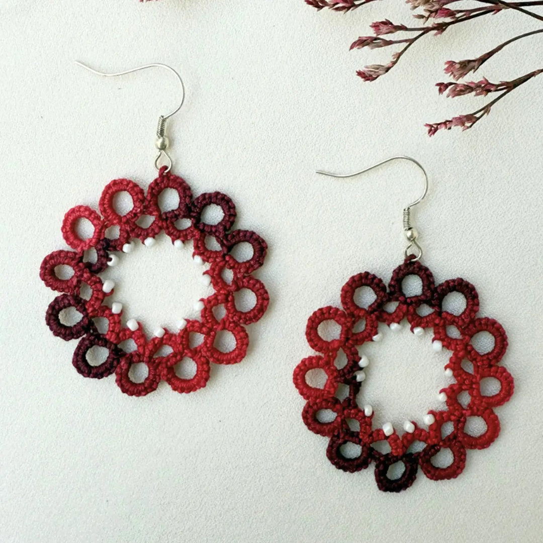 Handmade Tatting Red Hoop Style Beaded Cotton Earrings
