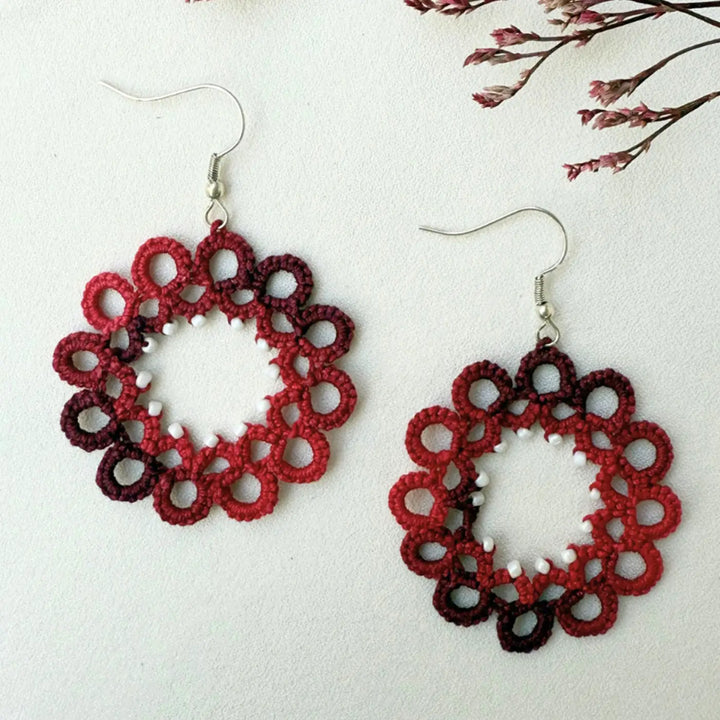 Handmade Tatting Red Hoop Style Beaded Cotton Earrings