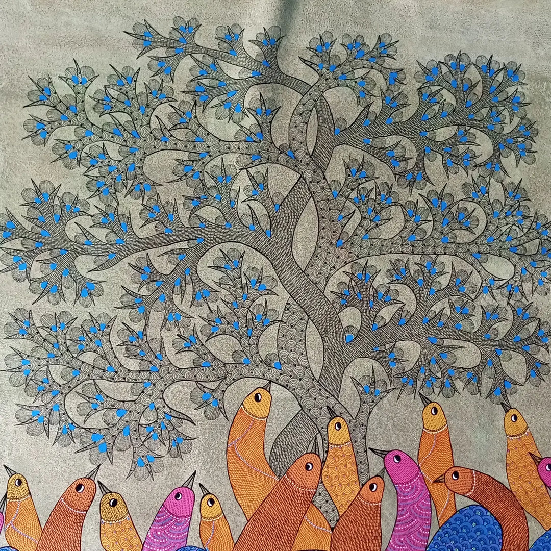 30 x 42 Inch | The Meeting Place | Original Hand Painted Tribal Gond Art Painting | Acrylic Paint On Canvas