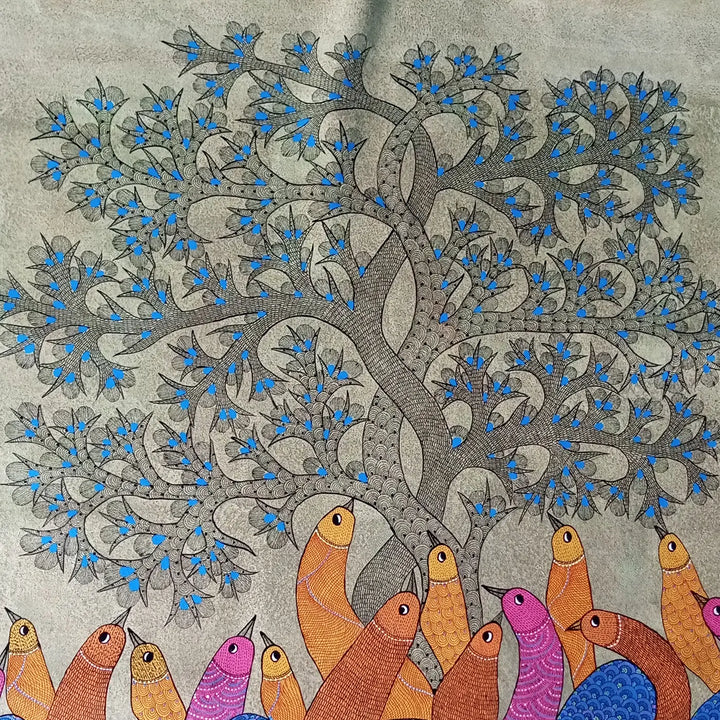 30 x 42 Inch | The Meeting Place | Original Hand Painted Tribal Gond Art Painting | Acrylic Paint On Canvas