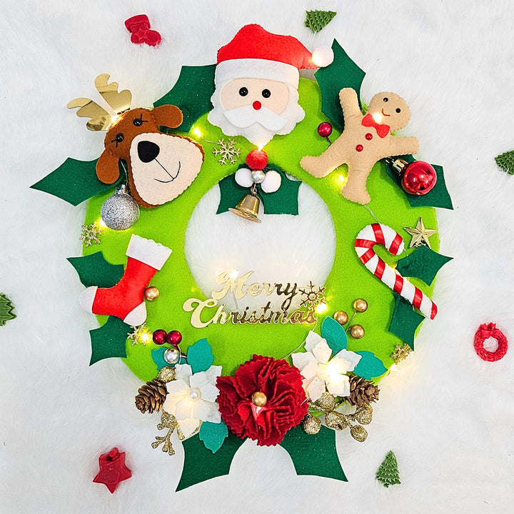 Santa, Reindeer & Gingerbread Felt LED Wreath For Christmas Decoration