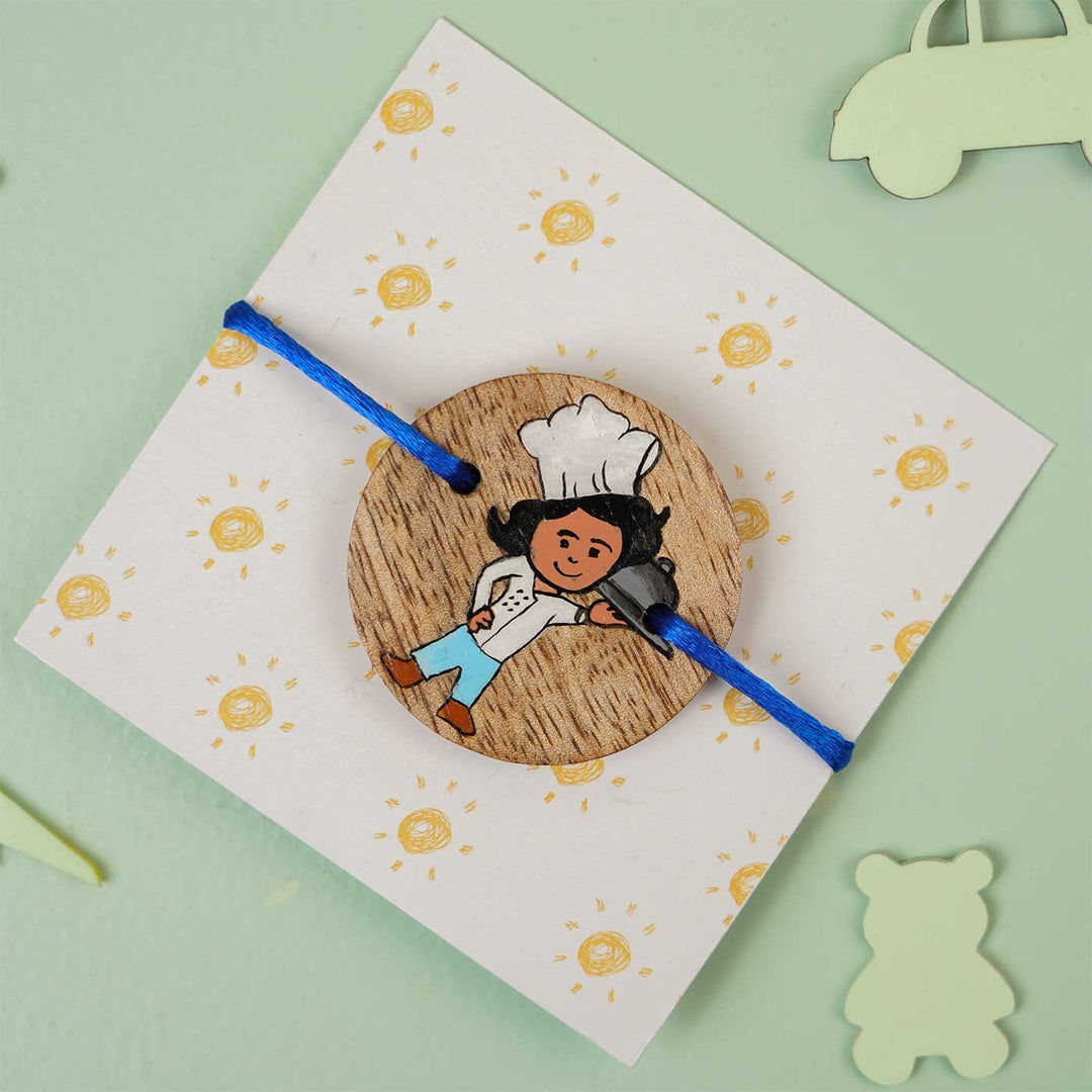Personalized Hand Painted Chef Theme Wooden Rakhi With Roli Chawal - On Card Packaging