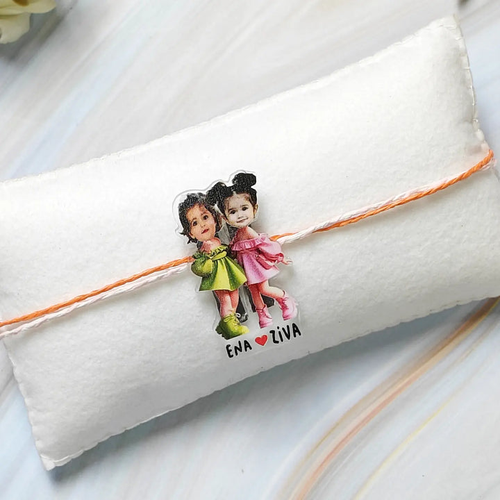 Photo Personalized Reusable Caricature Twin Sister Bond Theme Acrylic Kids Rakhi