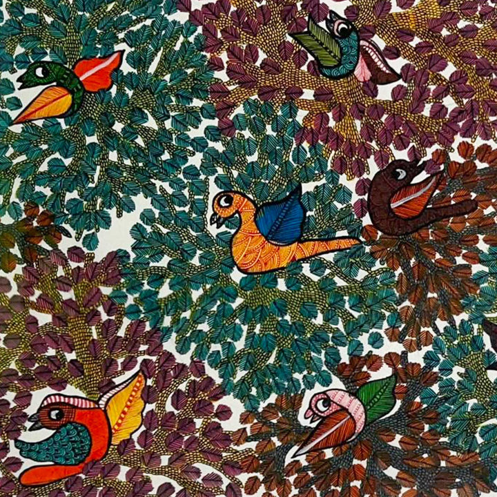 15 x 22 Inch | Birds & Tree | Original Hand Painted Tribal Gond Art Painting | Acrylic Paints On Paper