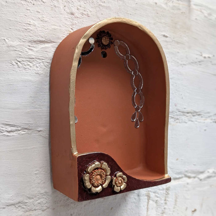 Hand-Painted "MittiBloom" Arch Floral Terracotta Wall Decor Tealight Holder With Mirror Work For Festive Decor