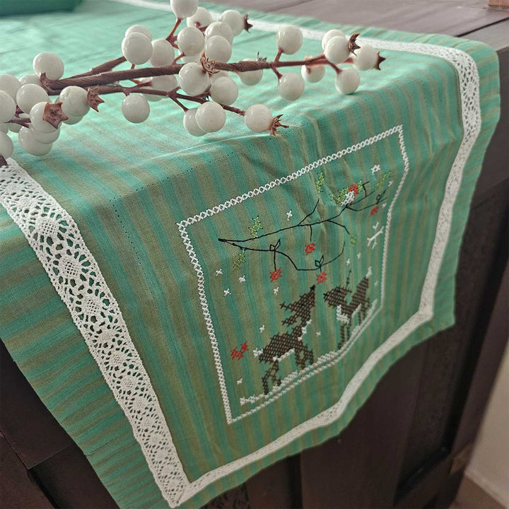Handmade Lace Embroidered Reindeer Tales Green Table Runner