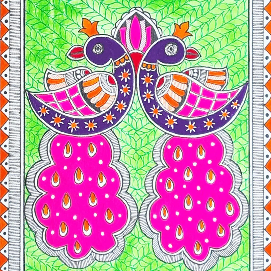8 x 5 Inch | Symphony In Pink & Green | Original Hand Painted Madhubani Painting On Paper