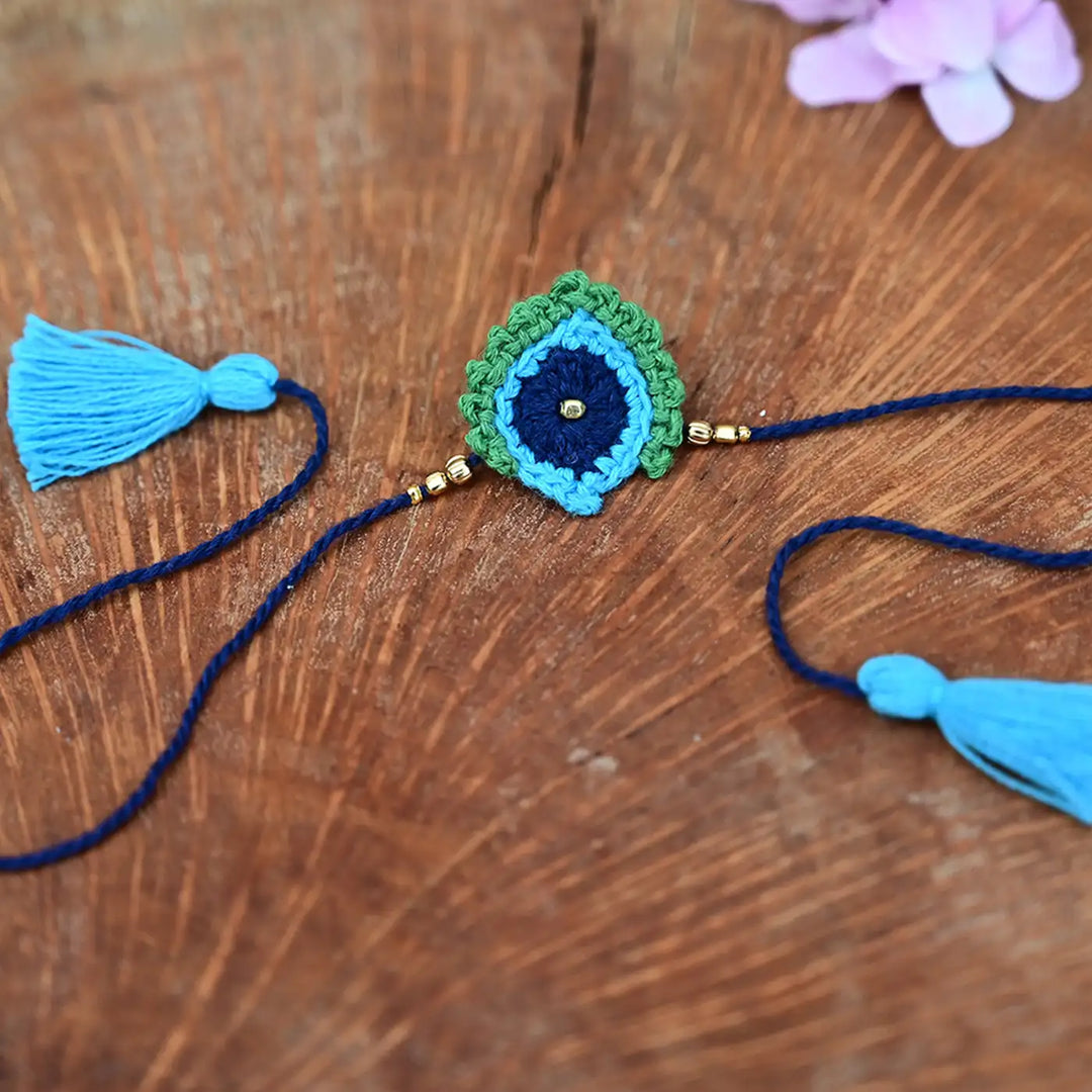 Handmade Crochet Krishna Theme Kids Rakhi With Roli Chawal