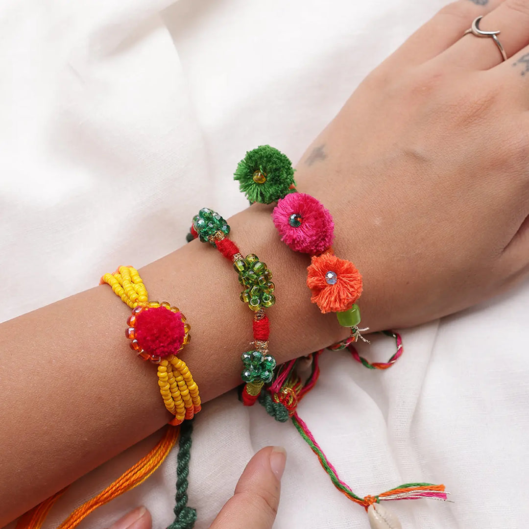 3 pc Rakhi + Brass Thali Set | Premium Gullu Gullu Beads & Pom Pom Rakhi Set with Roli Chawal