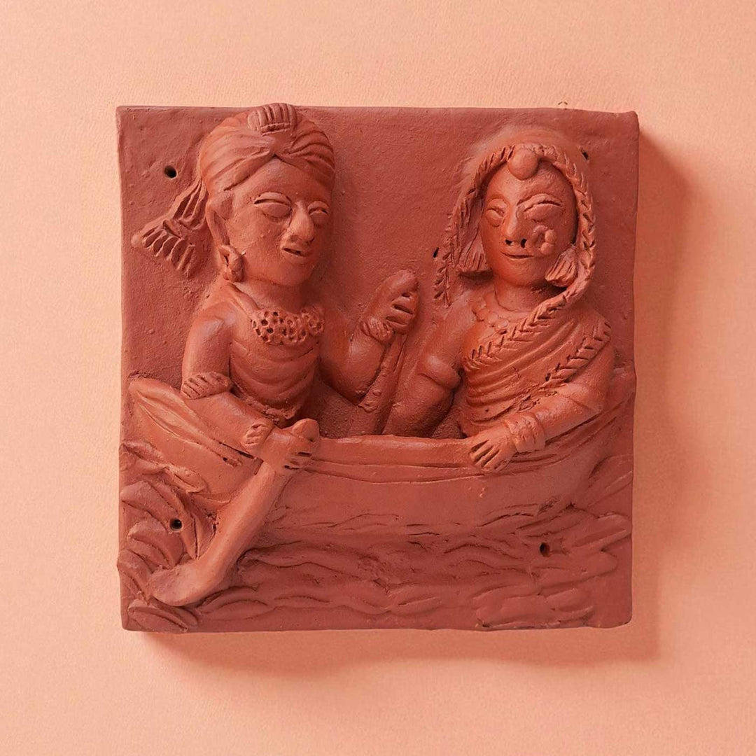 9 x 9 Inch | Couple In Boat | 3D Handmade Terracotta Molela Mural Wall Art Tile
