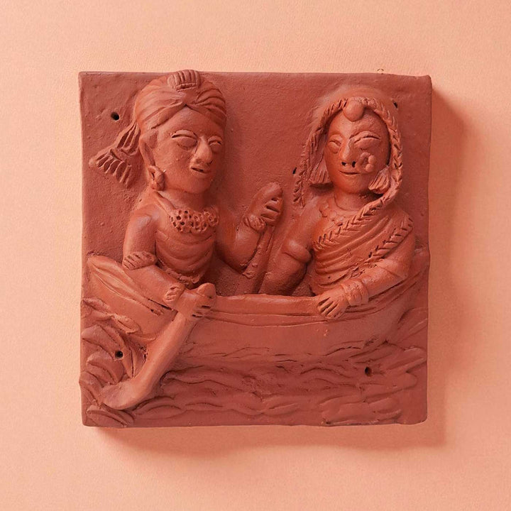 9 x 9 Inch | Couple In Boat | 3D Handmade Terracotta Molela Mural Wall Art Tile