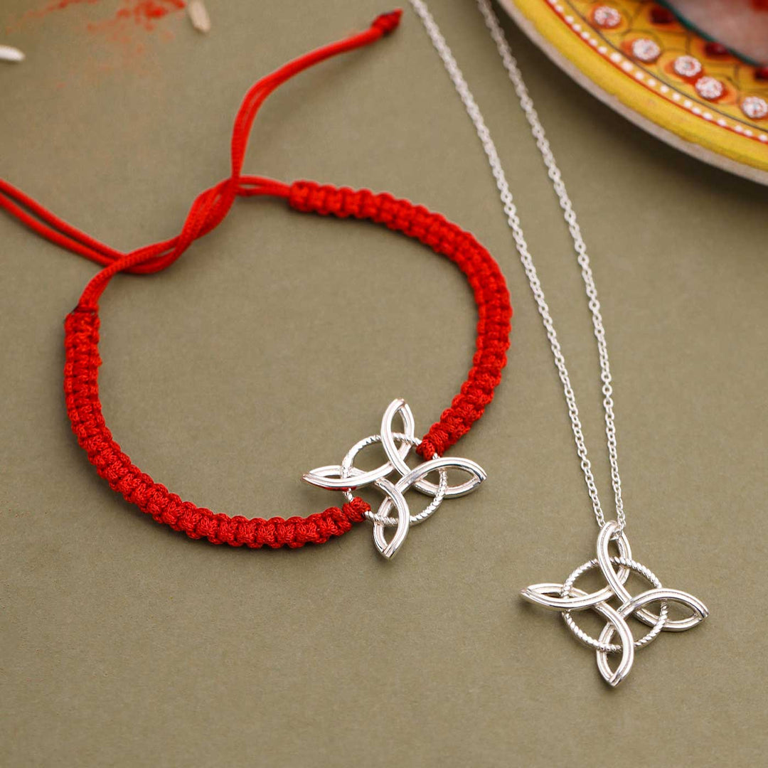Handmade Witches Knot Design Silver Rakhi For Brother - Bracelet and pendant duo