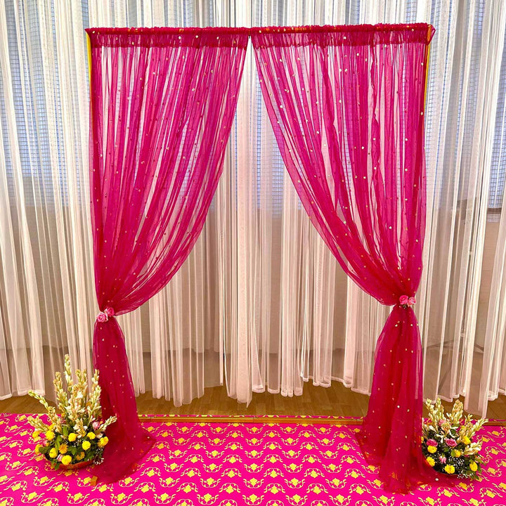 Reusable Sheer Pink Net Backdrop Drape, Ready-to-Hang for Haldi, Mehndi & Pooja Decor