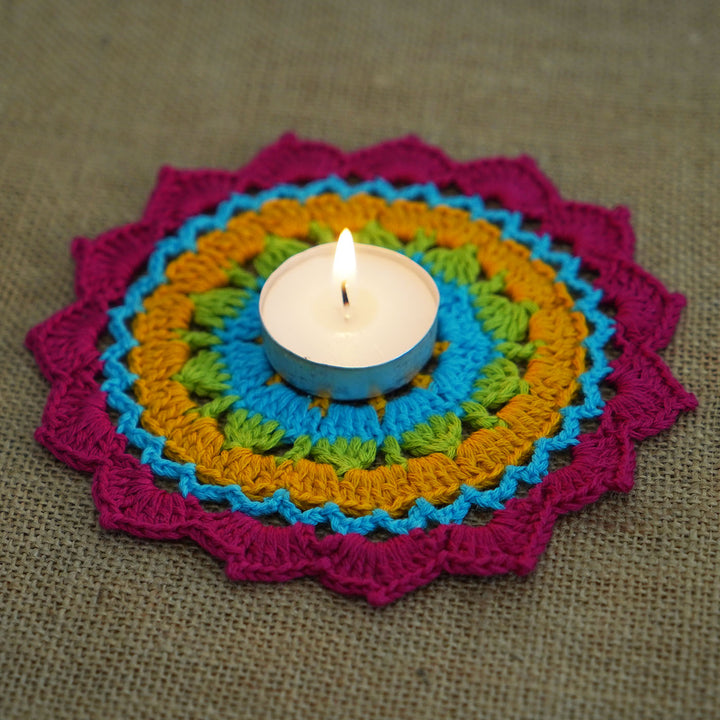 5.5 Inch | Handmade Crochet Multicolor Mandala Tealight Holder