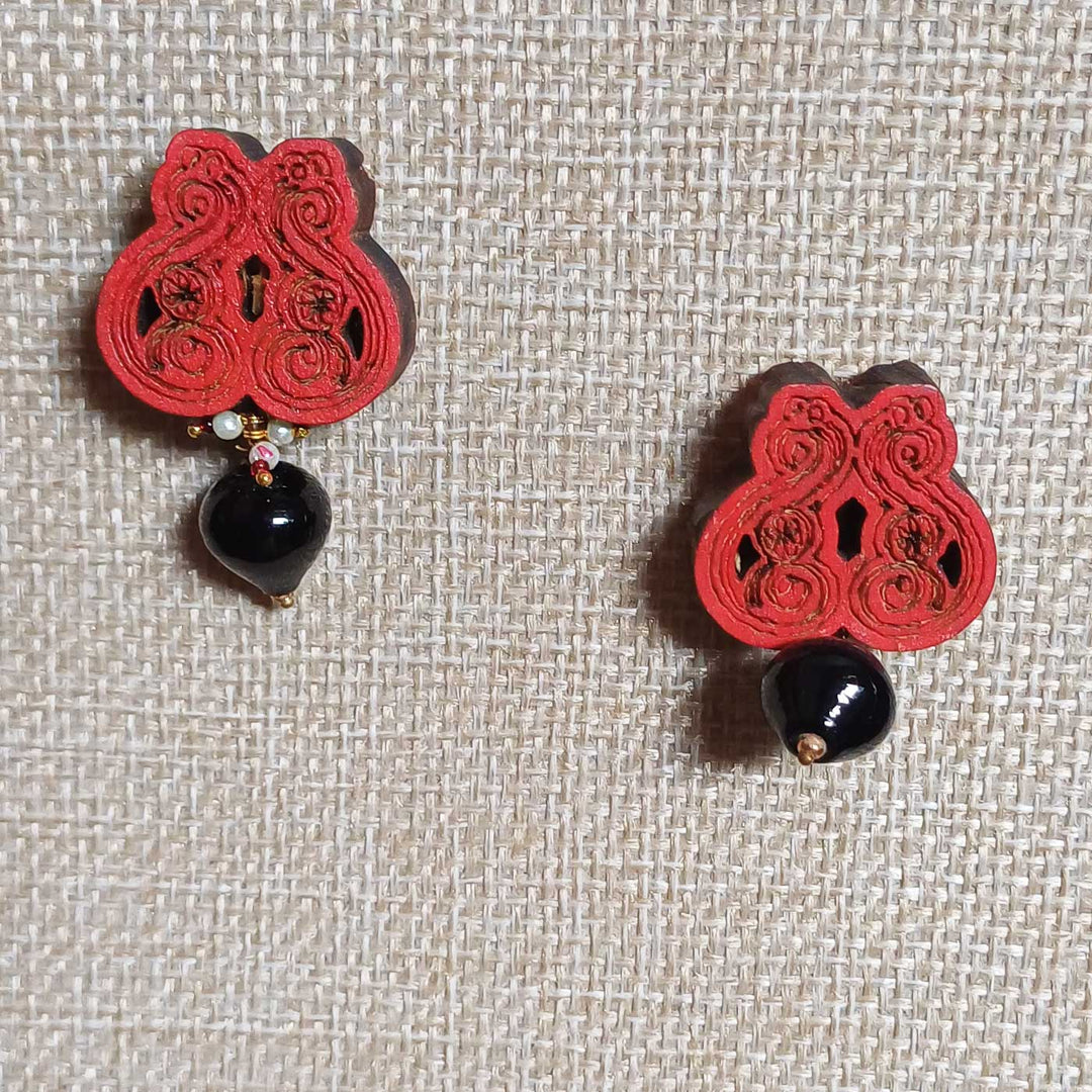 Handmade Red Beaded Wooden Earrings