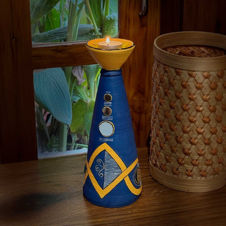 Blue Rhythm Hand-Painted Terracotta Long Diya Tealight Holder For Festive Decor