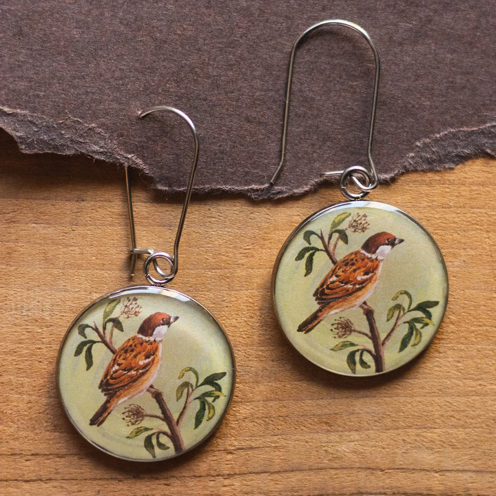 Illustrated Sparrow Theme Resin & Stainless Steel Earrings