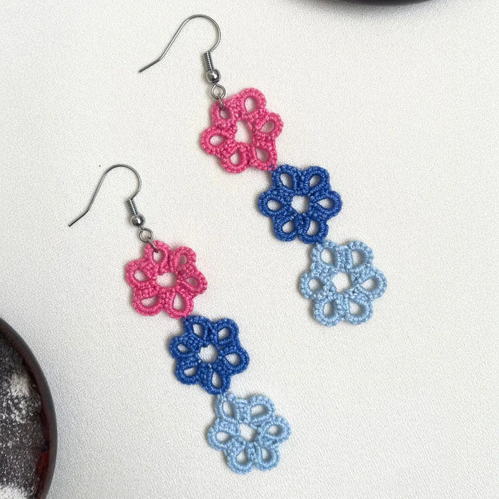 Handmade Tatting Trio Flower Cotton Earrings