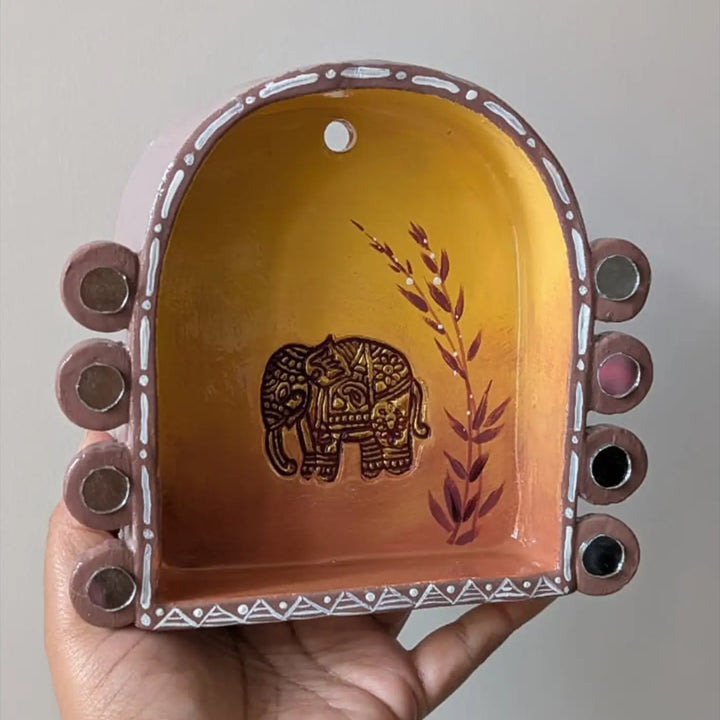 Hand-Painted Mirror Work Elephant Motif Terracotta Tealight Holder