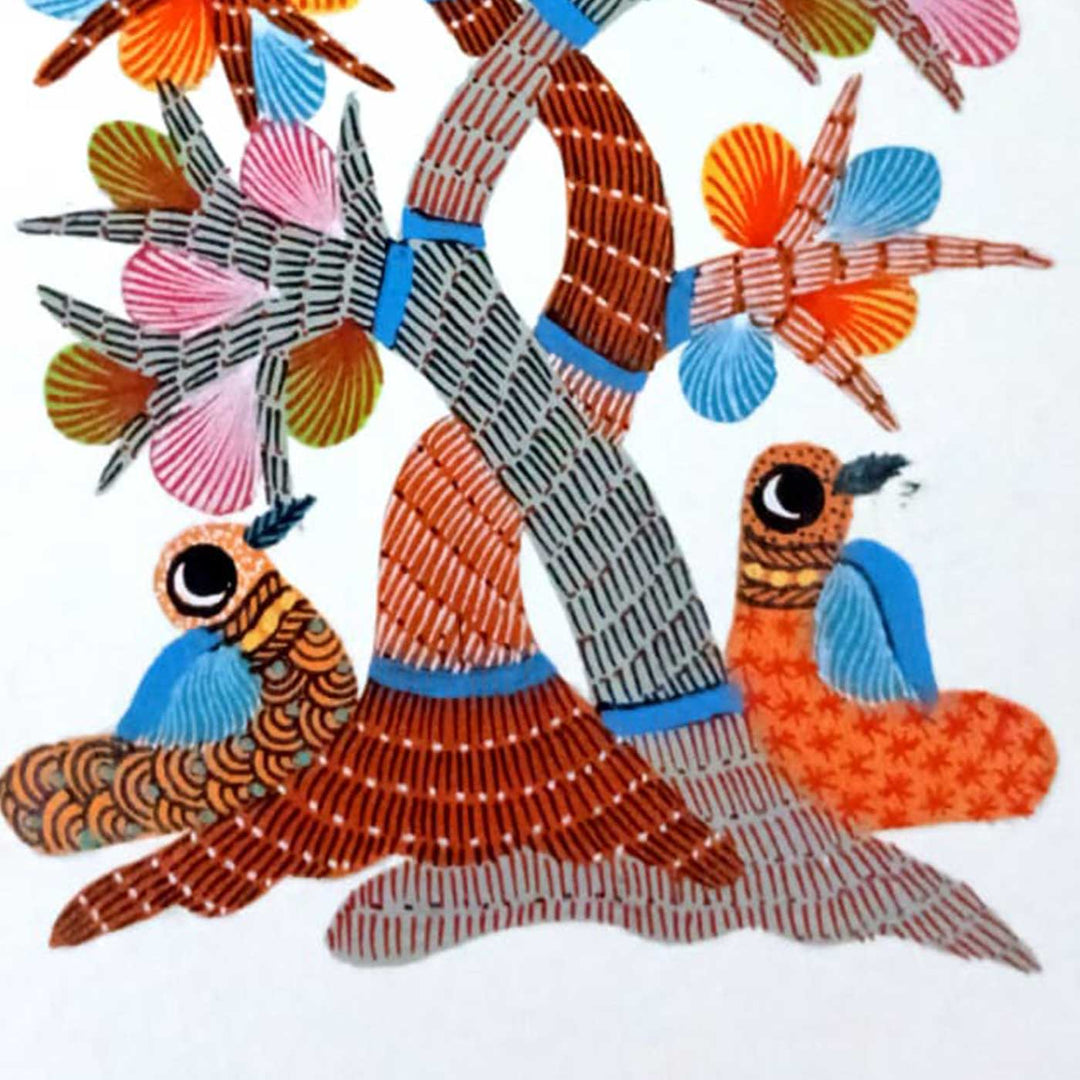 6 x 8 Inch | Bird & Tree | Original Hand painted Tribal Gond Art Painting | Acrylic Paints On Paper