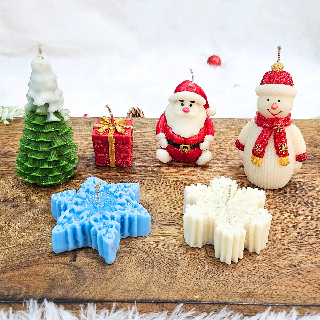 6 pc | Handmade Christmas Tree, Santa, Snowman, Snowflakes & Gift Box Shaped Soy Wax Candles