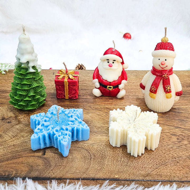 6 pc | Handmade Christmas Tree, Santa, Snowman, Snowflakes & Gift Box Shaped Soy Wax Candles